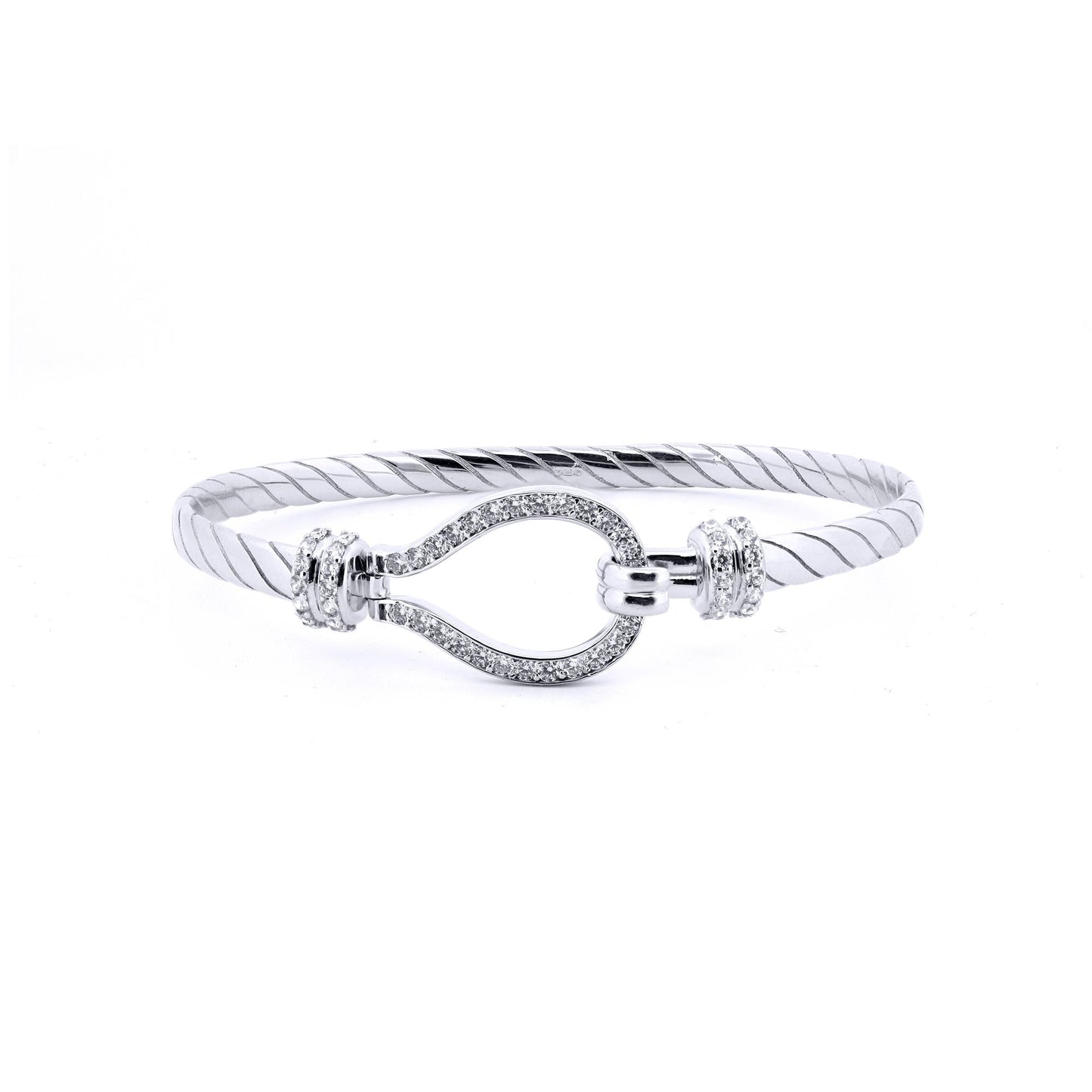 Ladies Sterling Silver  CZ Rope Stirrup Hook Loop Bangle 7" 18cm - ABG066