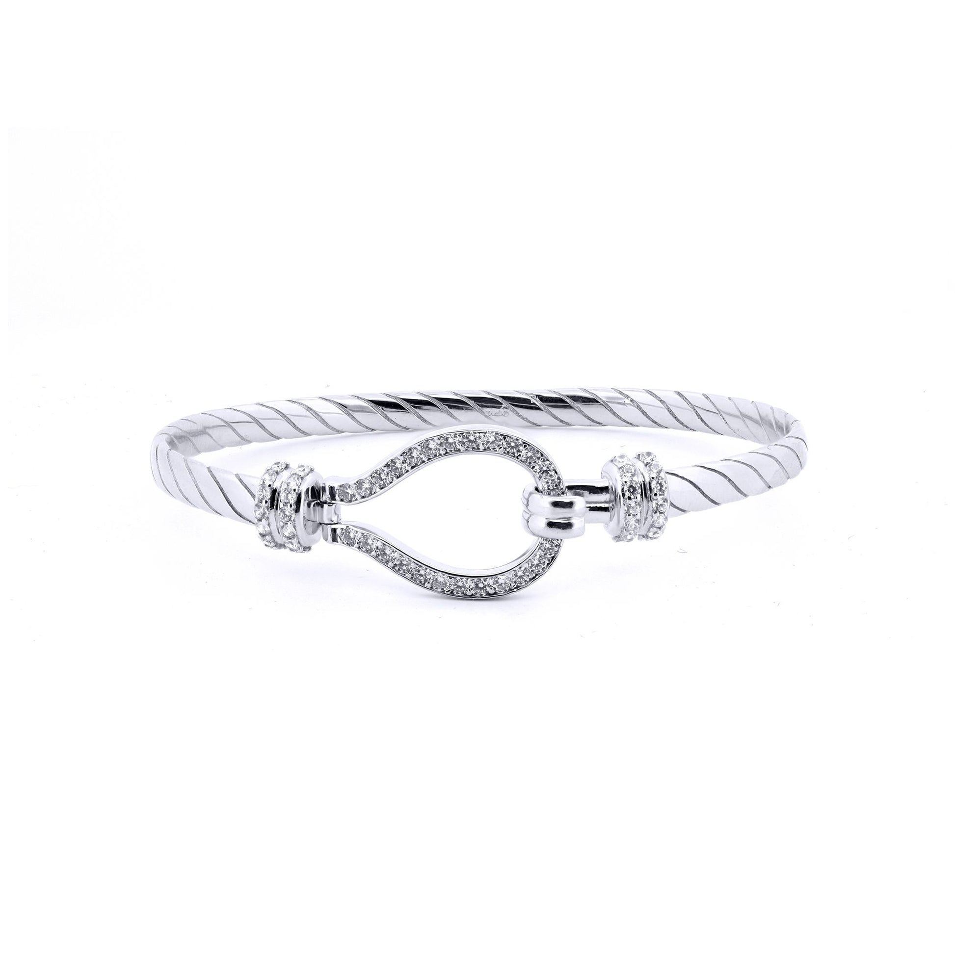 Ladies Sterling Silver  CZ Rope Stirrup Hook Loop Bangle 7" 18cm - ABG066