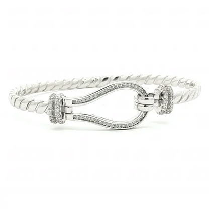 Ladies Sterling Silver  CZ Rope Stirrup Hook Loop Bangle 7" 18cm - ABG066