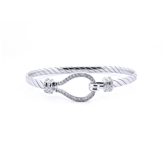 Ladies Sterling Silver  CZ Rope Stirrup Hook Loop Bangle 7" 18cm - ABG066