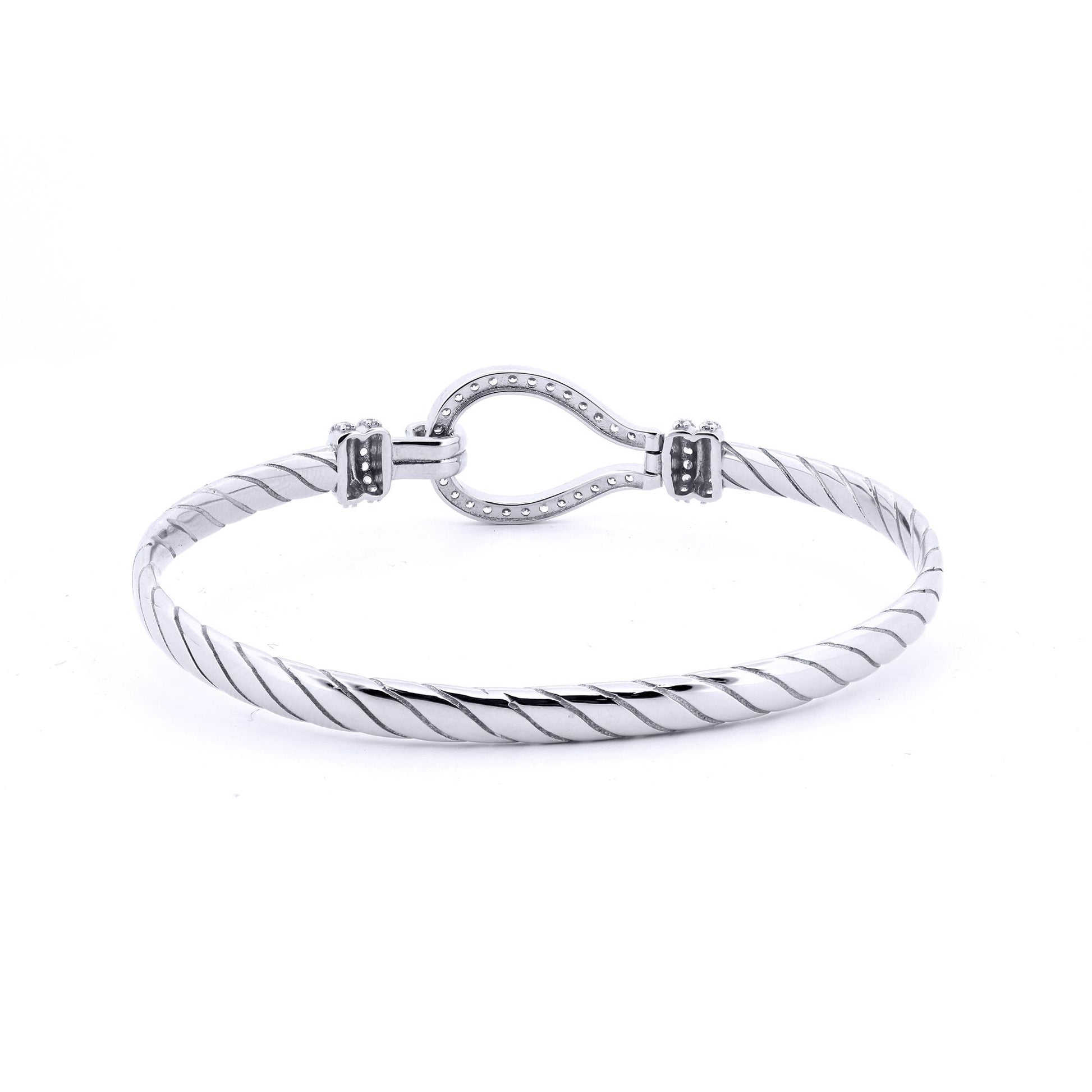 Ladies Sterling Silver  CZ Rope Stirrup Hook Loop Bangle 7" 18cm - ABG066