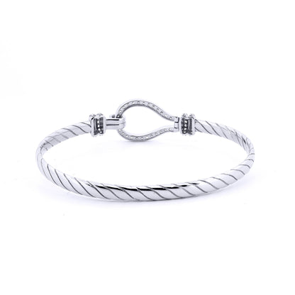 Ladies Sterling Silver  CZ Rope Stirrup Hook Loop Bangle 7" 18cm - ABG066