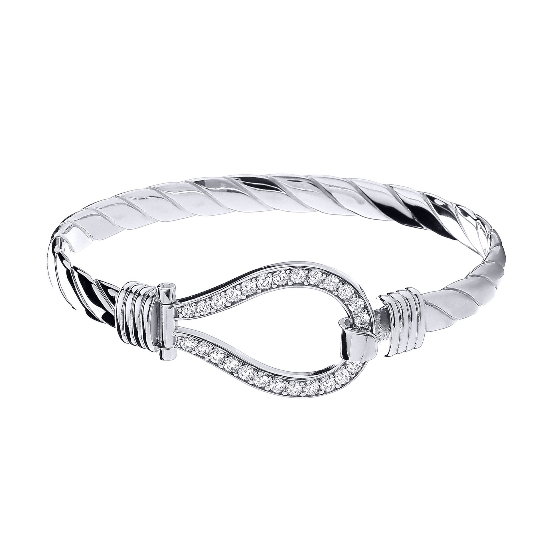 Gents Sterling Silver  CZ Rope Stirrup Hook Loop Bangle 8.5" 22cm - ABG068