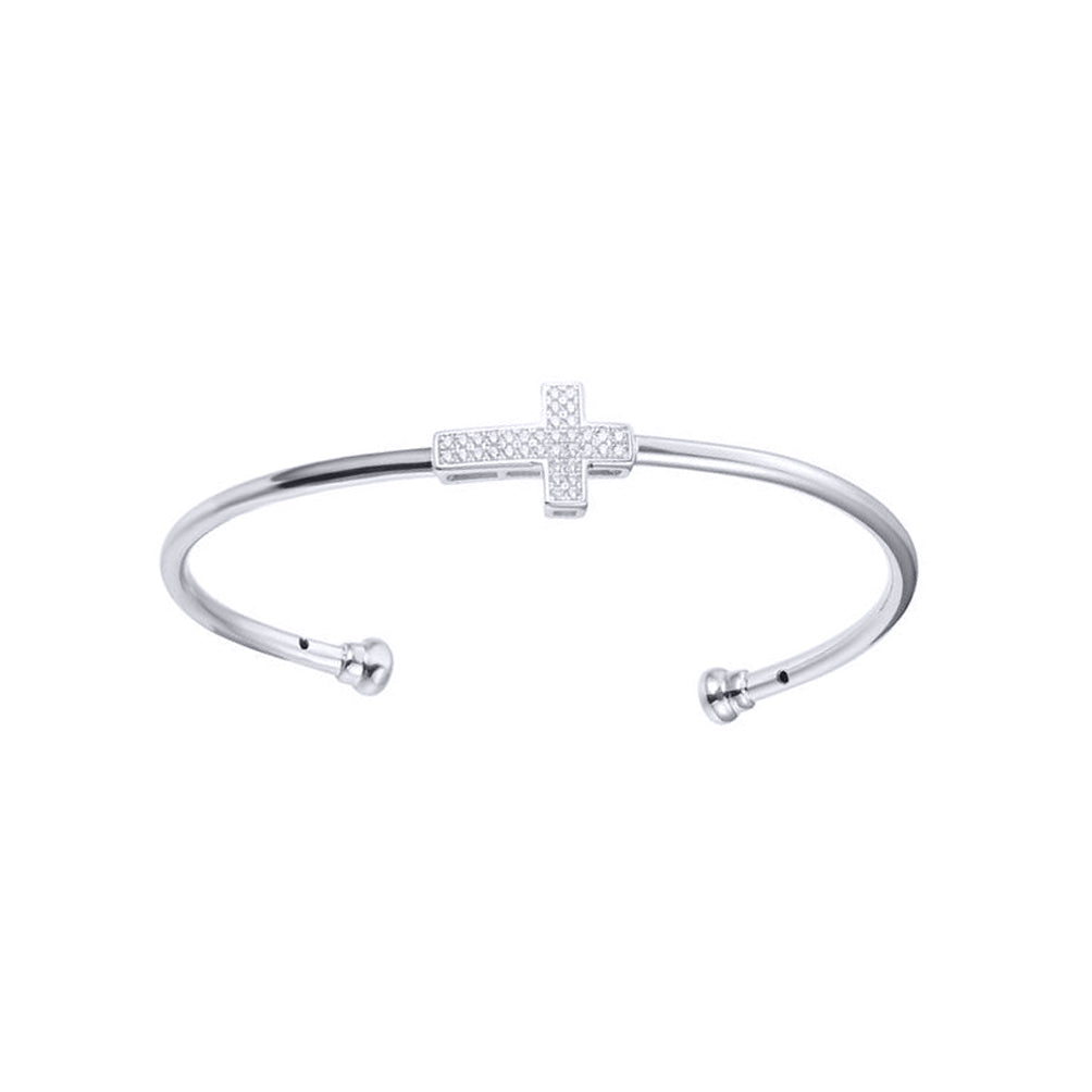 Rhodium-plated Silver  CZ Horizontal Cross Torque Bangle Bracelet - ABG069