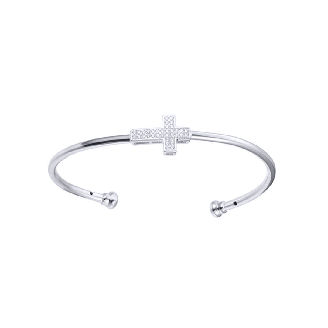Rhodium-plated Silver  CZ Horizontal Cross Torque Bangle Bracelet - ABG069