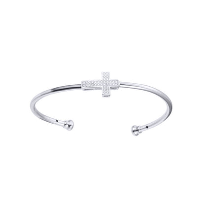 Rhodium-plated Silver  CZ Horizontal Cross Torque Bangle Bracelet - ABG069