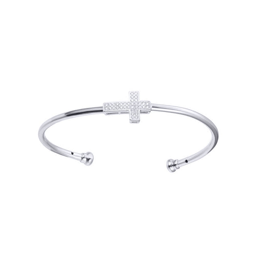 Rhodium-plated Silver  CZ Horizontal Cross Torque Bangle Bracelet - ABG069