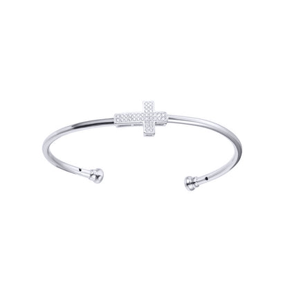 Rhodium-plated Silver  CZ Horizontal Cross Torque Bangle Bracelet - ABG069