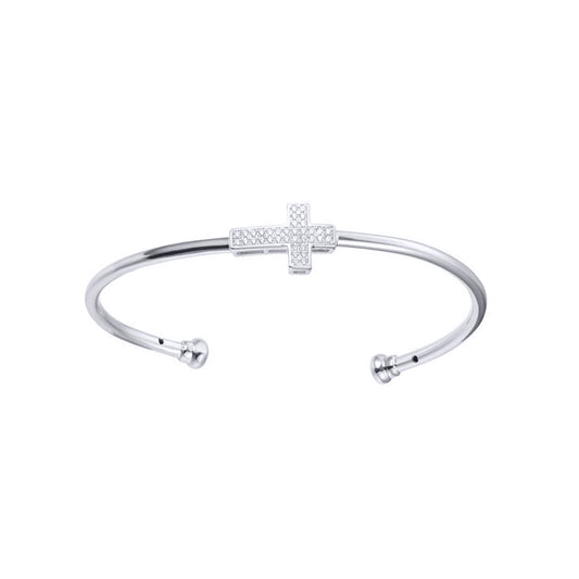 Rhodium-plated Silver  CZ Horizontal Cross Torque Bangle Bracelet - ABG069