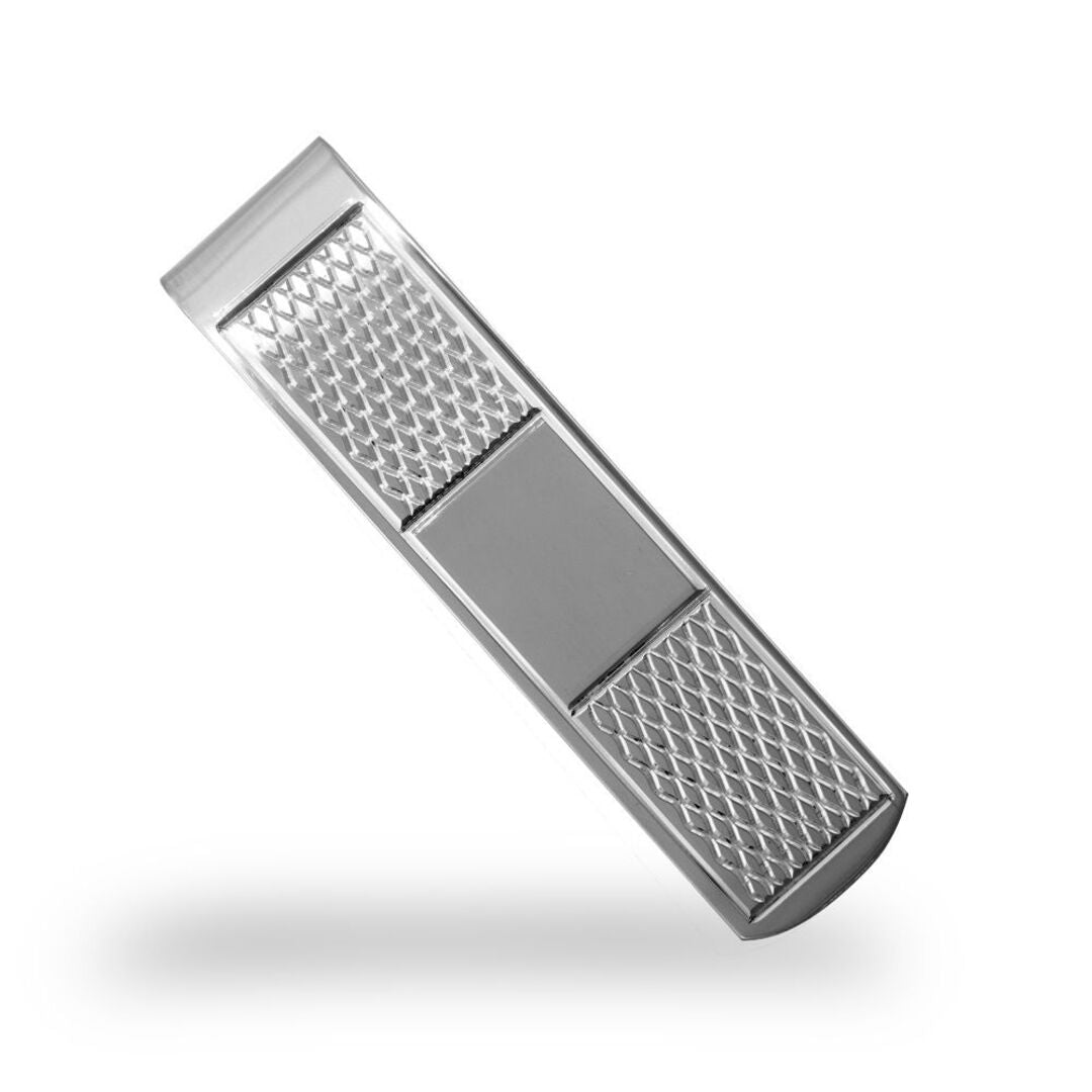 Sterling Silver  Rhombus Quilt Argyle Pattern ID Bar Money clip - ACL016