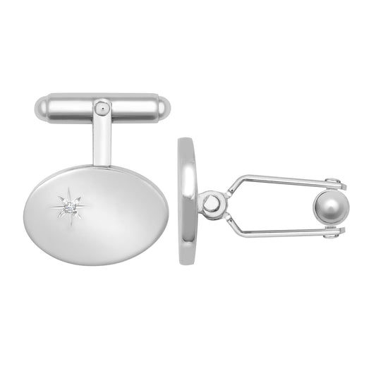 Mens Silver  Diamond Star-set Oval Swivel Back T-Bar Cufflinks - ACL021
