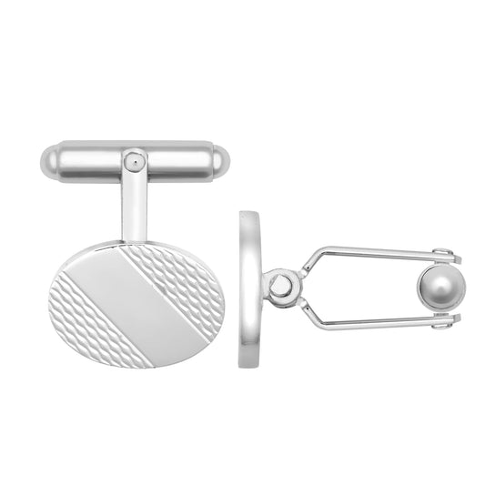 Mens Silver  Engine Turned ID Oval Swivel Back T-Bar Cufflinks - ACL022