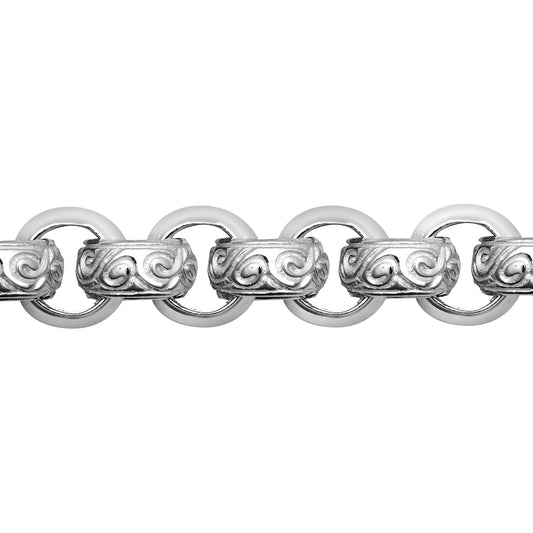 Mens Rhodium Silver  Carved Rococo Belcher 13mm Chain Necklace - ACN023B