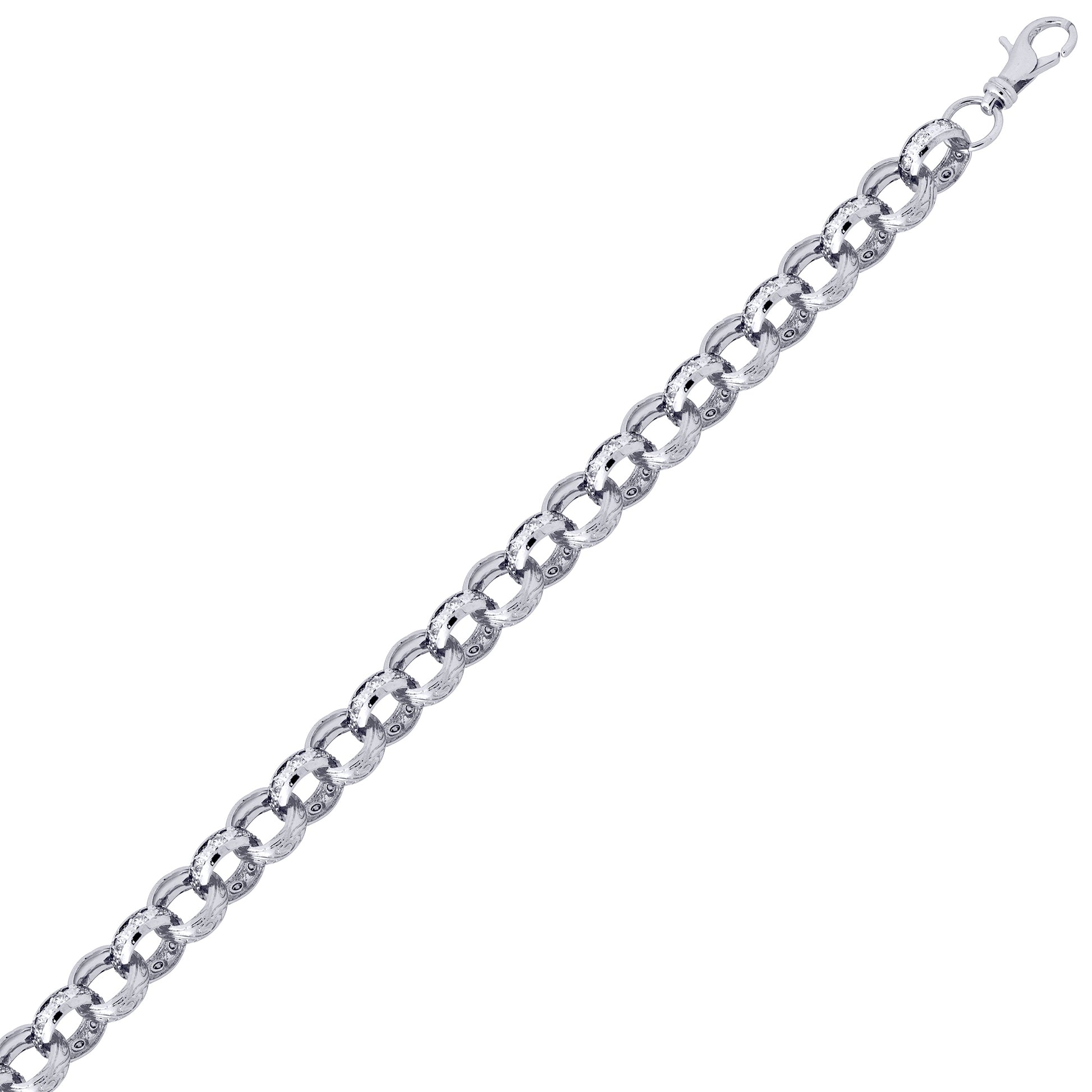 Mens Solid Silver  CZ Engraved Belcher 13mm Chain Bracelet 8.5inch - ACN024B