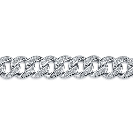 Mens Silver  CZ Pave & Plain Chunky Curvy Cuban Curb Bracelet 8.5" - ACN045A