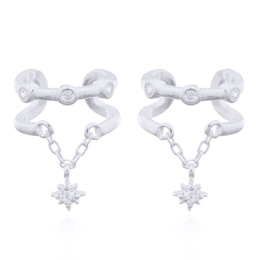 Silver  CZ Trilogy Hanging Solitaire Clip-on Helix Cuff Earrings - AEC008