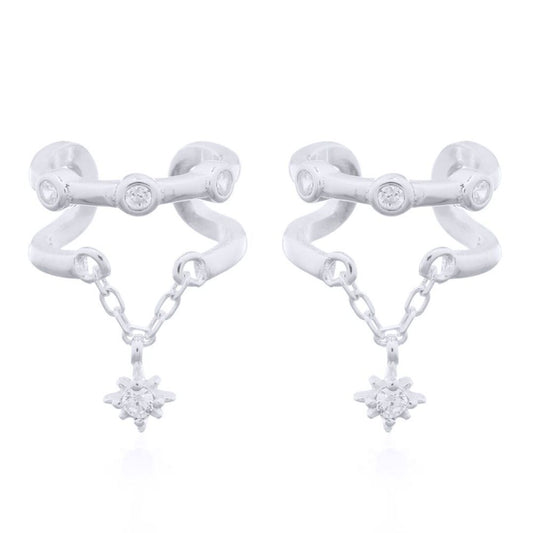 Silver  CZ Trilogy Hanging Solitaire Slip-on Helix Cuff Earrings - AEC008