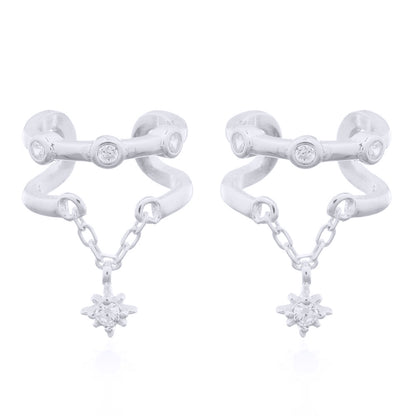 Silver  CZ Trilogy Hanging Solitaire Clip-on Helix Cuff Earrings - AEC008