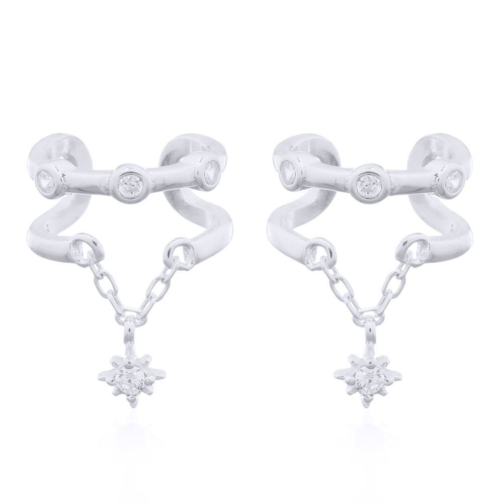 Silver  CZ Trilogy Hanging Solitaire Slip-on Helix Cuff Earrings - AEC008