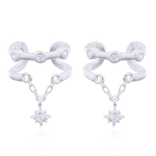 Silver  CZ Trilogy Hanging Solitaire Slip-on Helix Cuff Earrings - AEC008
