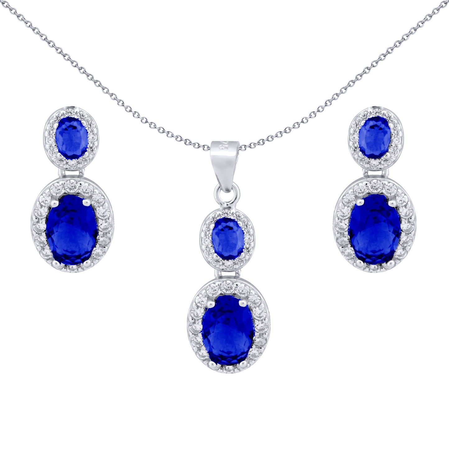 Silver  Blue CZ Royal Princess Kate Halo  Earrings & Necklace Set - AEP001B