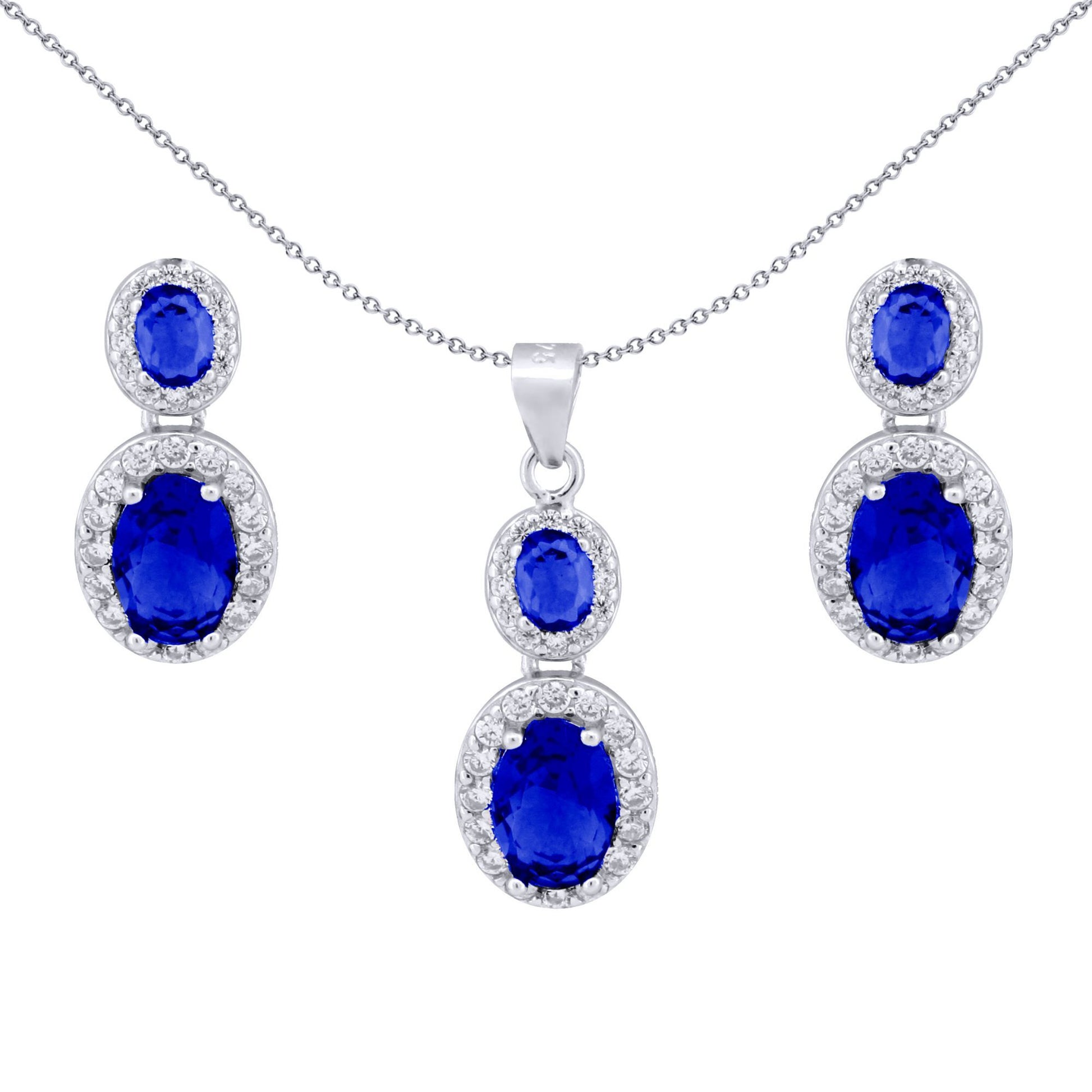 Silver  Blue CZ Royal Princess Kate Halo Earrings & Necklace Set - AEP001B