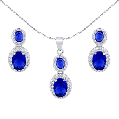 Silver  Blue CZ Royal Princess Kate Halo Earrings & Necklace Set - AEP001B