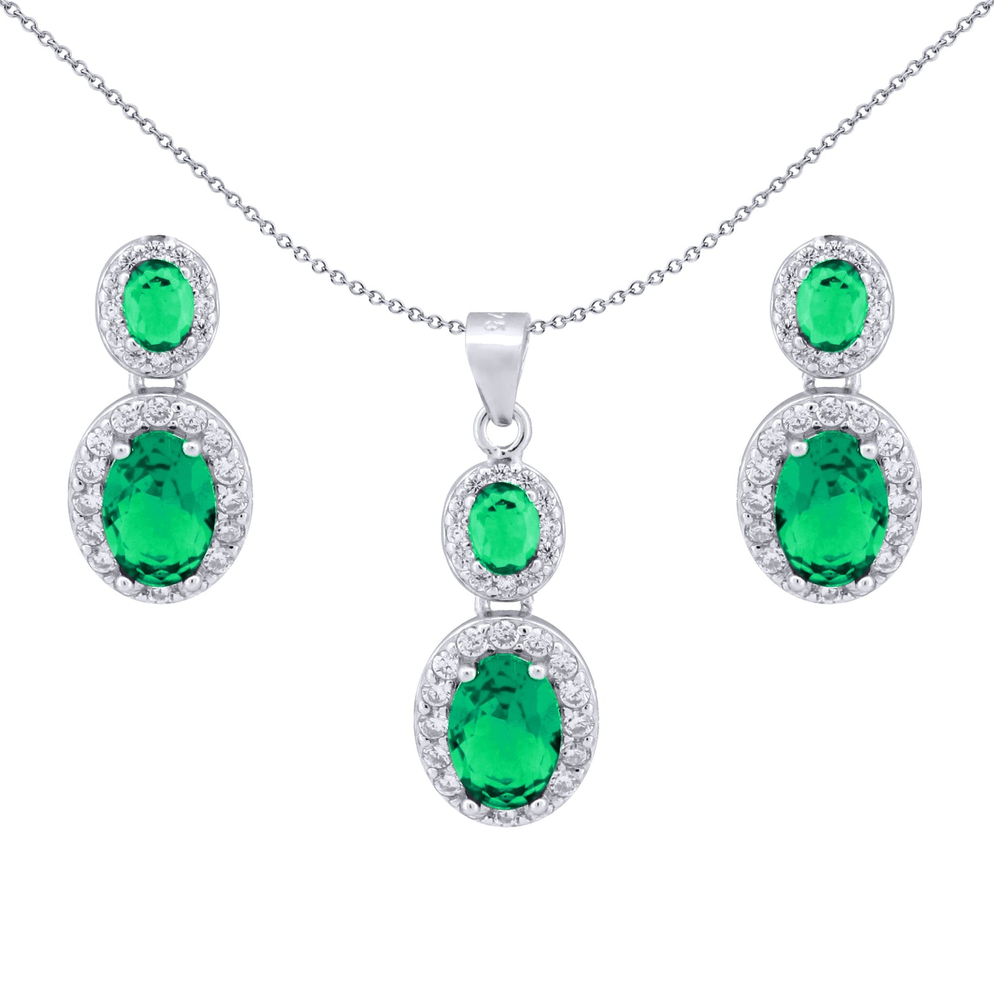 Silver  Green Oval CZ Royal Halo Cluster Earrings & Necklace Set - AEP001G