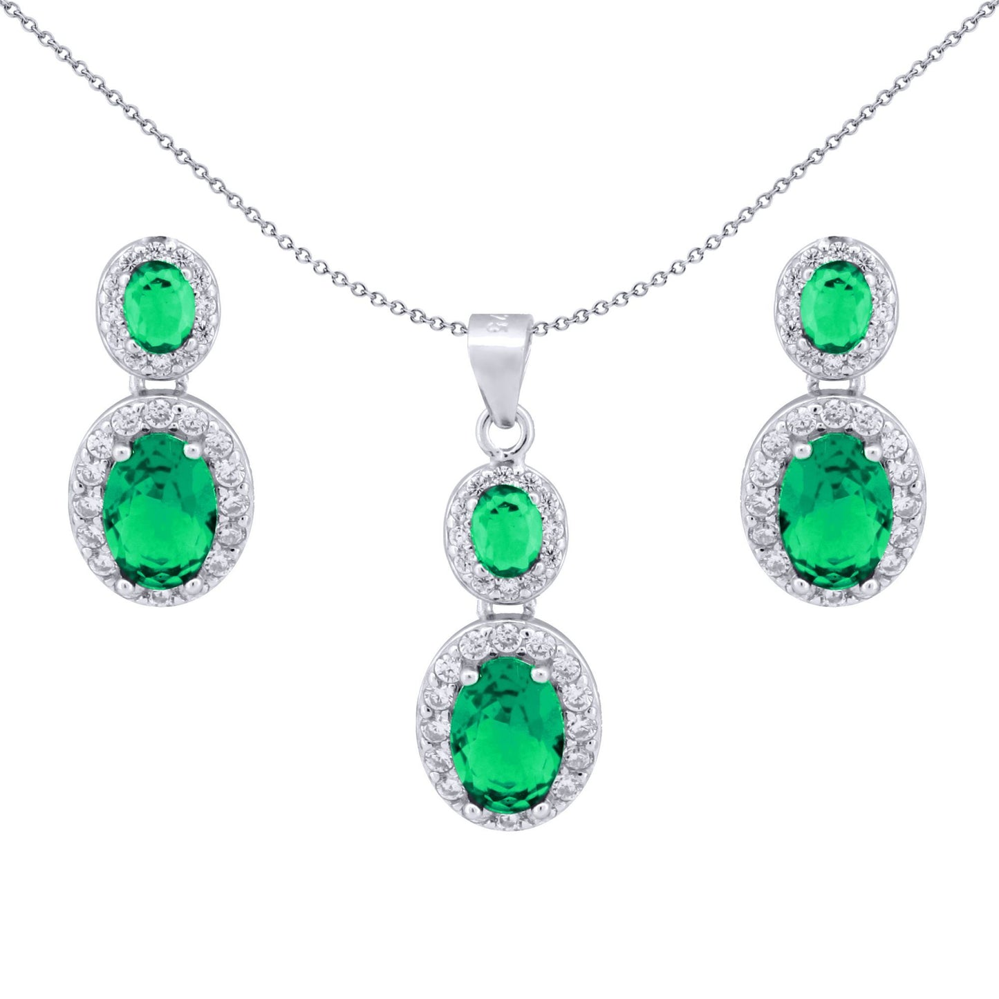 Silver  Green Oval CZ Royal Halo Cluster Earrings & Necklace Set - AEP001G