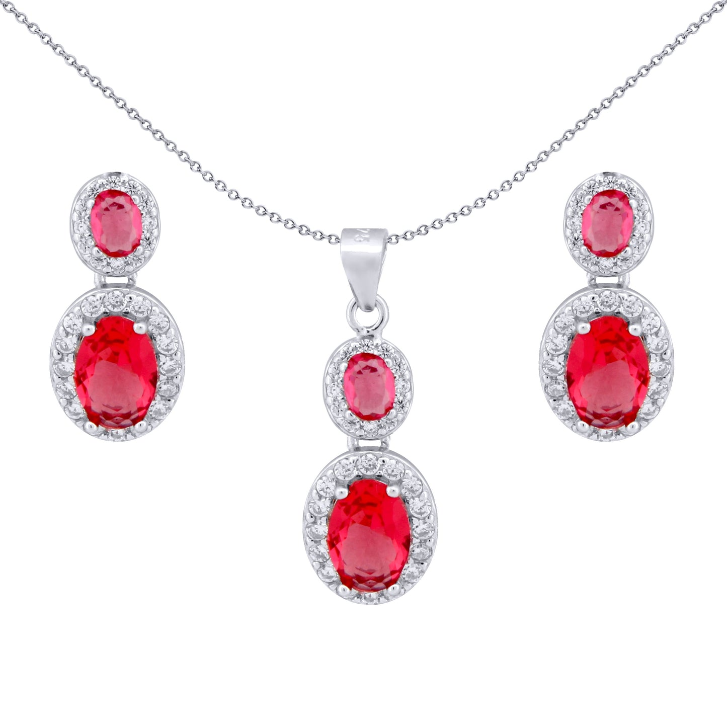 Silver  Red Oval CZ Royal Halo Cluster Earrings & Necklace Set - AEP001R