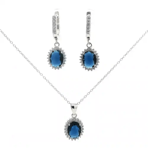 Silver  Oval CZ Princess Kate Halo Cluster Earrings & Necklace Set - AEP002B