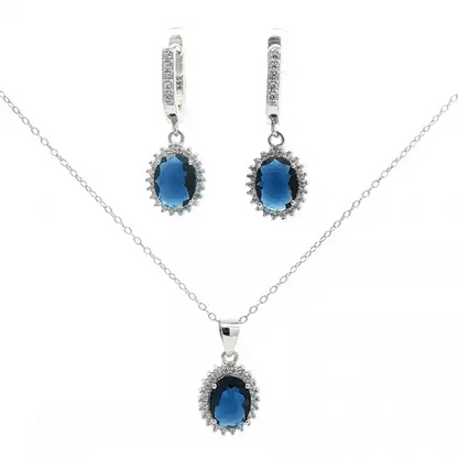Silver  Oval CZ Princess Kate Halo Cluster Earrings & Necklace Set - AEP002B
