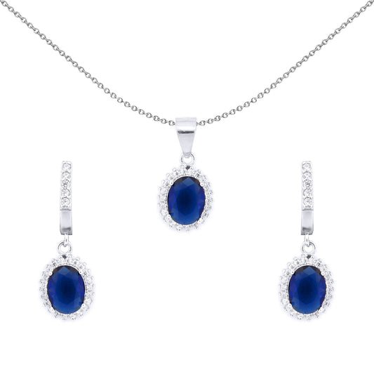 Silver Oval CZ Princess Kate Halo Cluster Earrings & Necklace Set - AEP002B