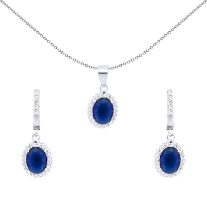 Silver  Oval CZ Princess Kate Halo Cluster Earrings & Necklace Set - AEP002B