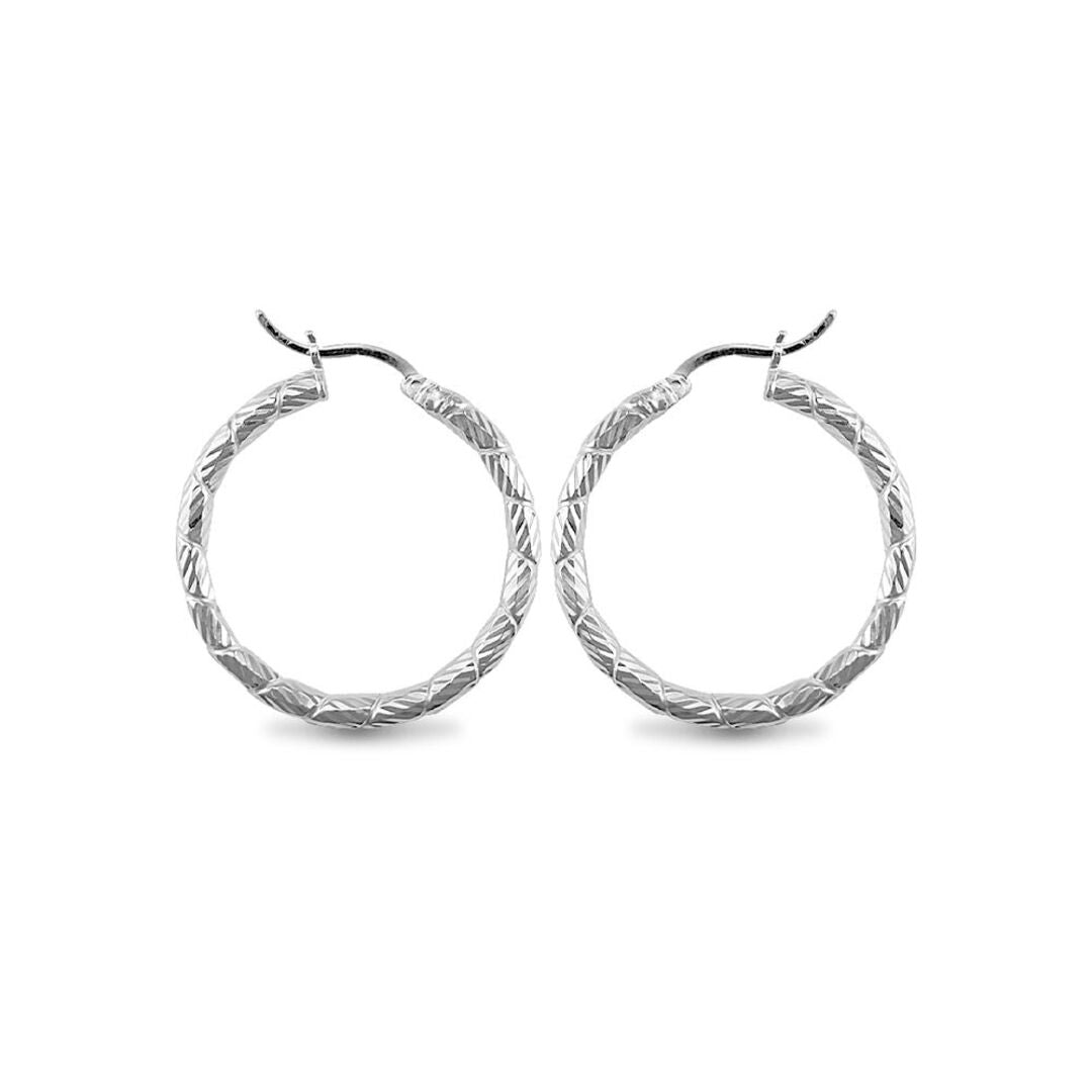 Sterling Silver  Engraved Twist Hoop Earrings - 3mm - 3.1cm - AER010B