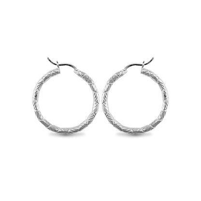 Sterling Silver  Engraved Twist Hoop Earrings - 3mm - 3.1cm - AER010B