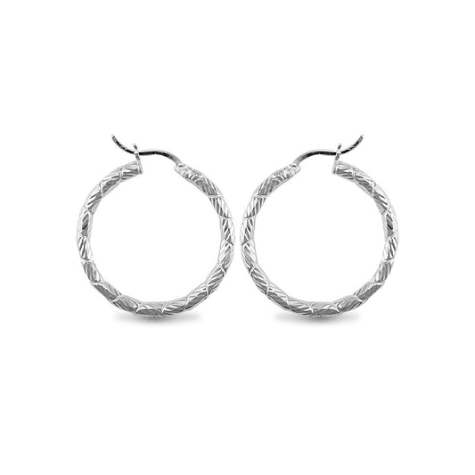Sterling Silver  Engraved Twist Hoop Earrings - 3mm - 3.1cm - AER010B