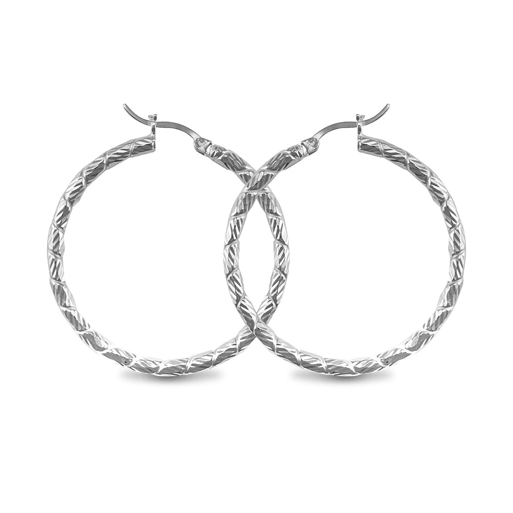Sterling Silver  Silver Engraved Twist Hoop Earrings - 3mm - 4cm - AER010C