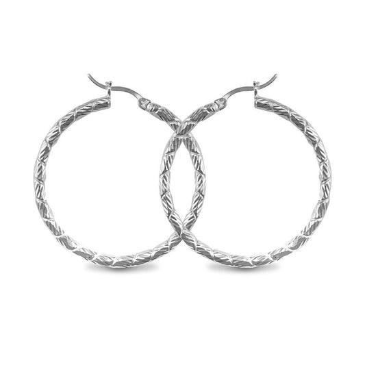 Sterling Silver  Silver Engraved Twist Hoop Earrings - 3mm - 4cm - AER010C