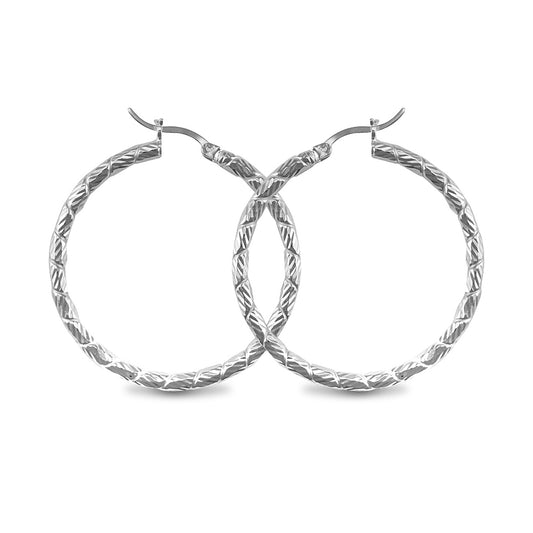 Sterling Silver  Silver Engraved Twist Hoop Earrings - 3mm - 4cm - AER010C