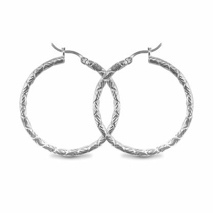 Sterling Silver  Silver Engraved Twist Hoop Earrings - 3mm - 4cm - AER010C