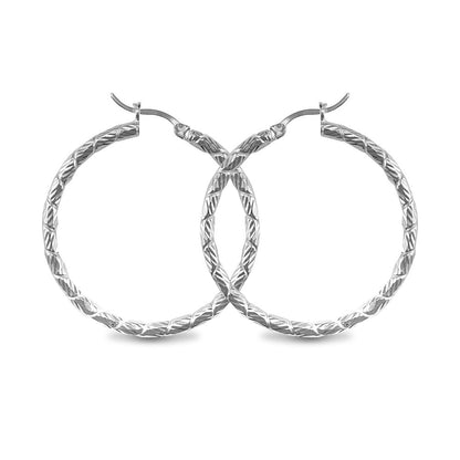 Sterling Silver  Silver Engraved Twist Hoop Earrings - 3mm - 4cm - AER010C