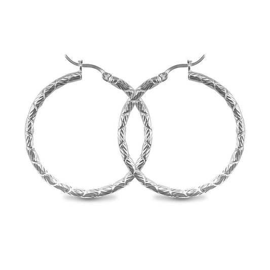 Sterling Silver  Silver Engraved Twist Hoop Earrings - 3mm - 4cm - AER010C