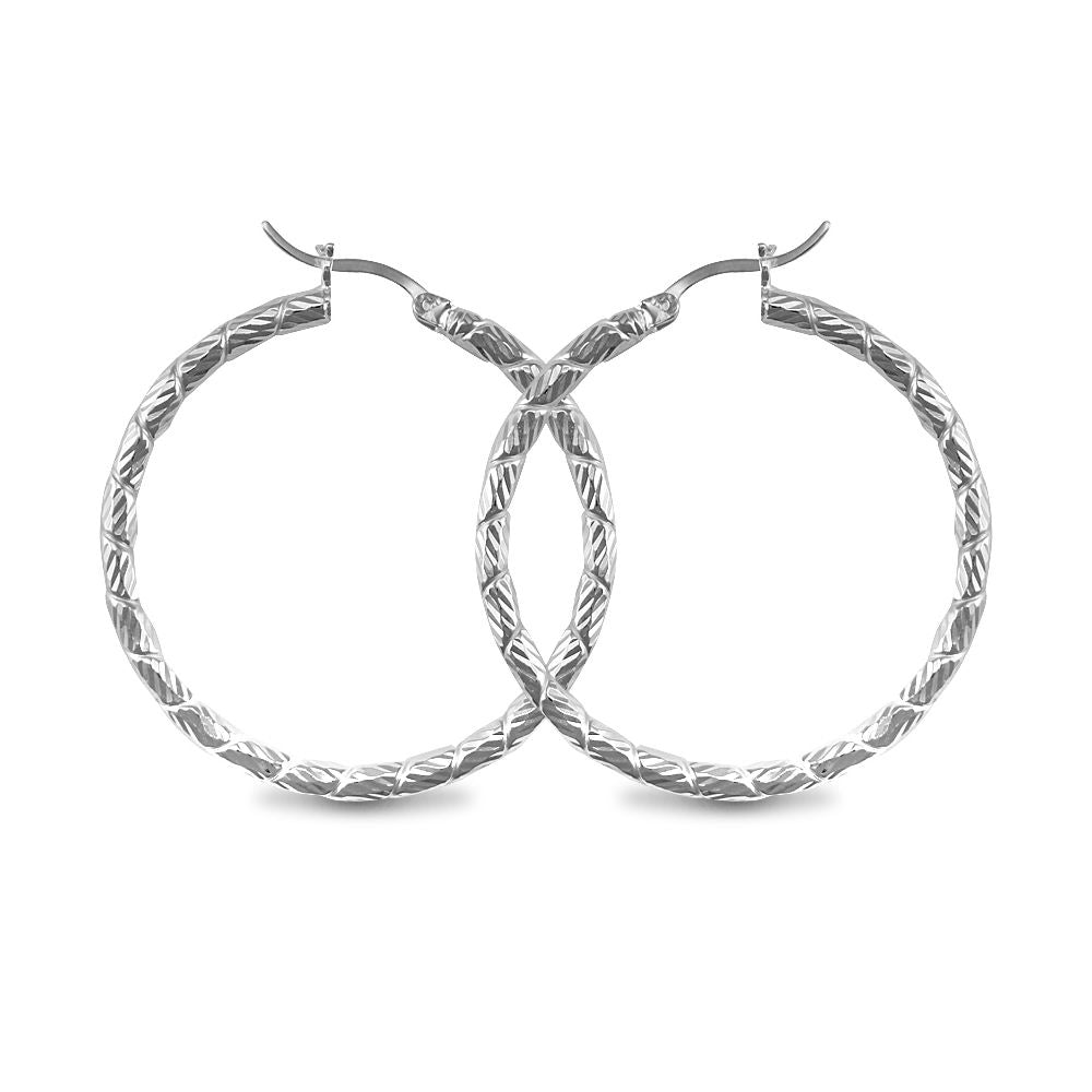 Sterling Silver  Silver Engraved Twist Hoop Earrings - 3mm - 4cm - AER010C