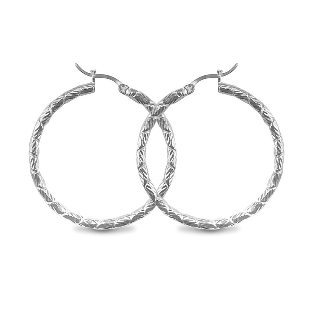Sterling Silver  Silver Engraved Twist Hoop Earrings - 3mm - 4cm - AER010C