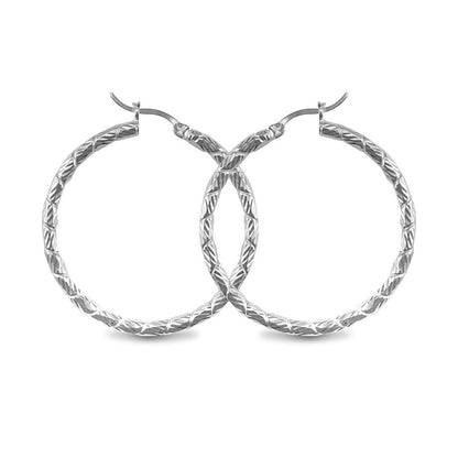 Sterling Silver  Silver Engraved Twist Hoop Earrings - 3mm - 4cm - AER010C