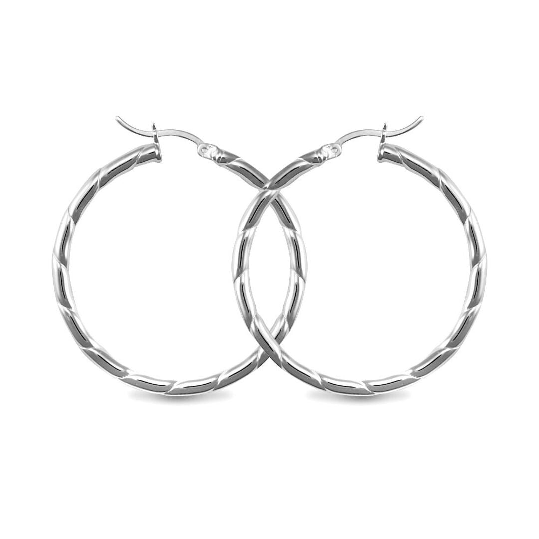 Sterling Silver  Ribbed Hoop Earrings - 3mm - 4cm - AER013C