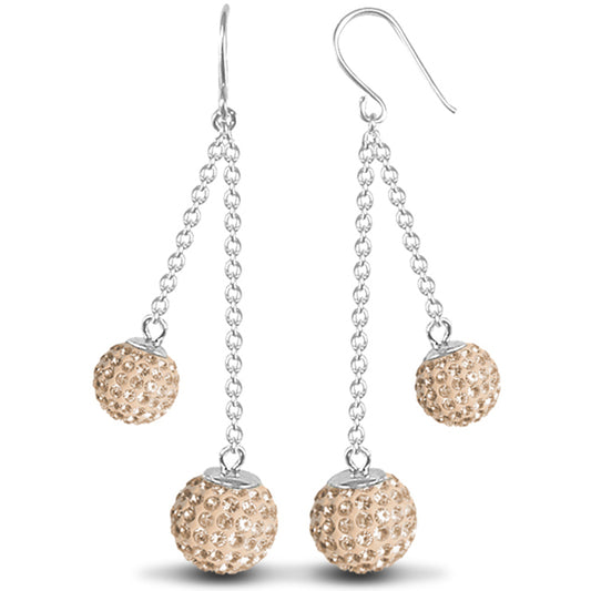 Silver  Disco Ball Drop Earrings 10mm - Champagne Crystal - AER093