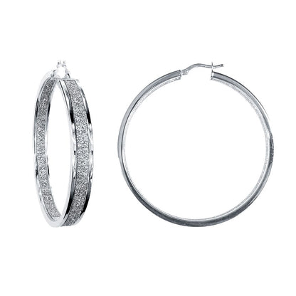 Silver  MoonDust Double Sided 6x2mm Rectangular Hoop Earrings 50mm - AER125C
