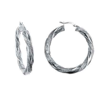 Silver  MoonDust 5mm Candy Ribbon Twist Hoop Earrings 40mm - AER129B